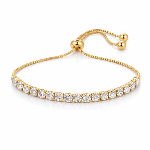 Gold bracelet with clear gemstones on a white background