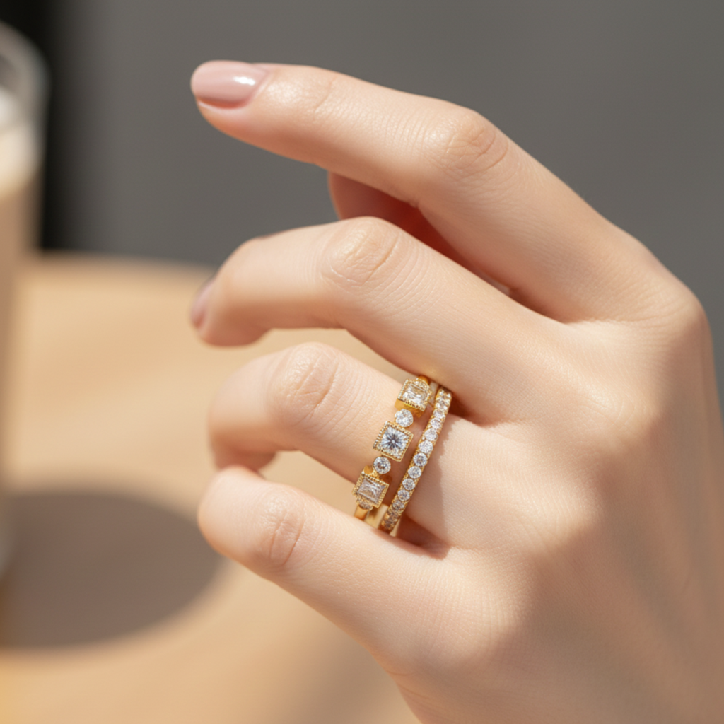 Hand wearing a gold ring with diamonds