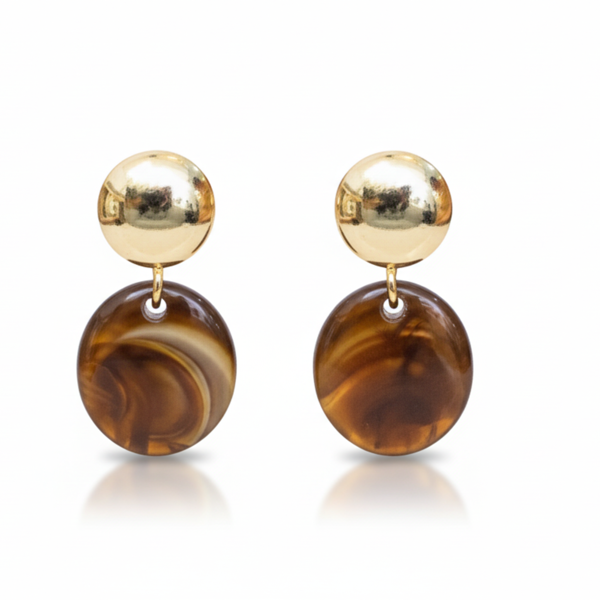 Pair of earrings with gold tops and brown circular stones 