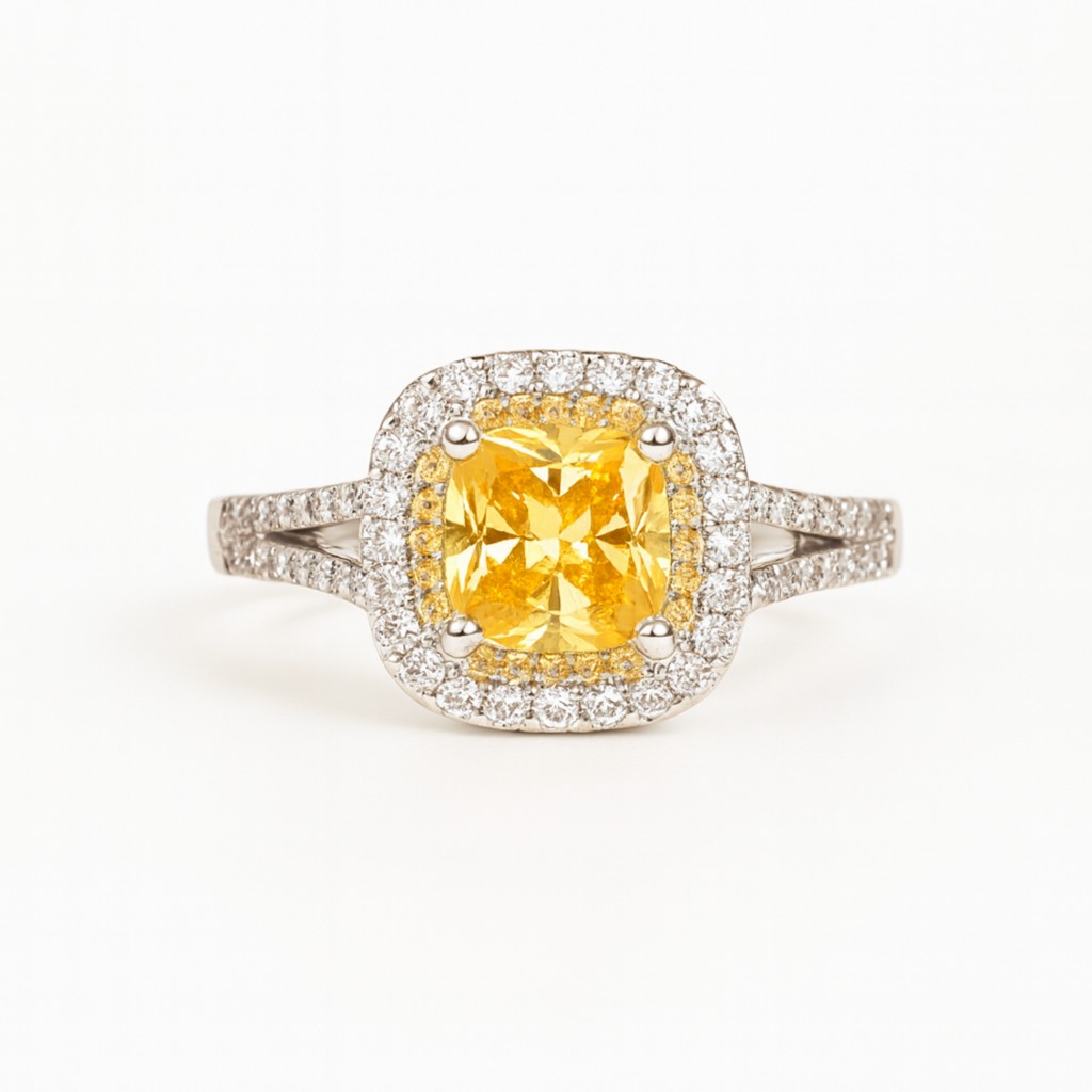 Ring with a yellow gemstone and diamond-studded band on a white background